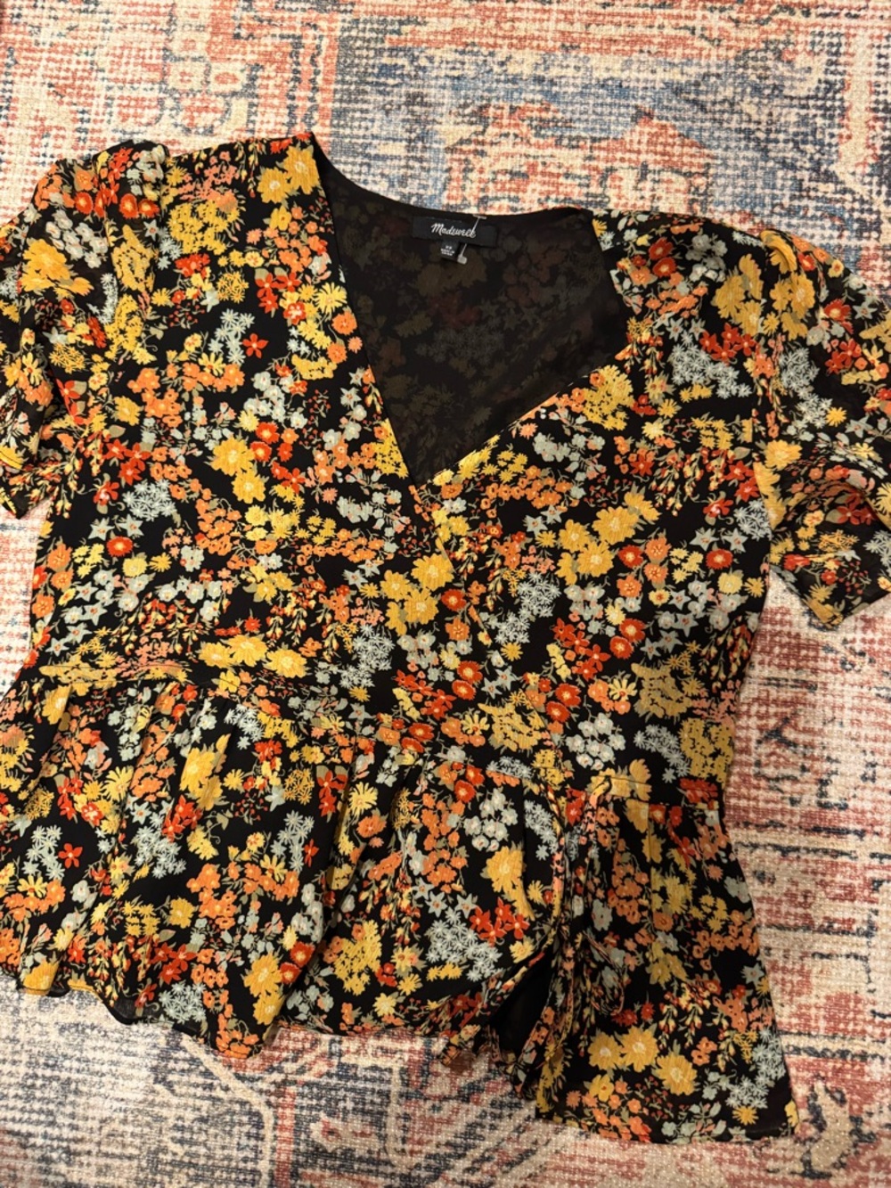 Madewell Floral Wrap Top Black Orange Yellow Peplum Blouse Size XS